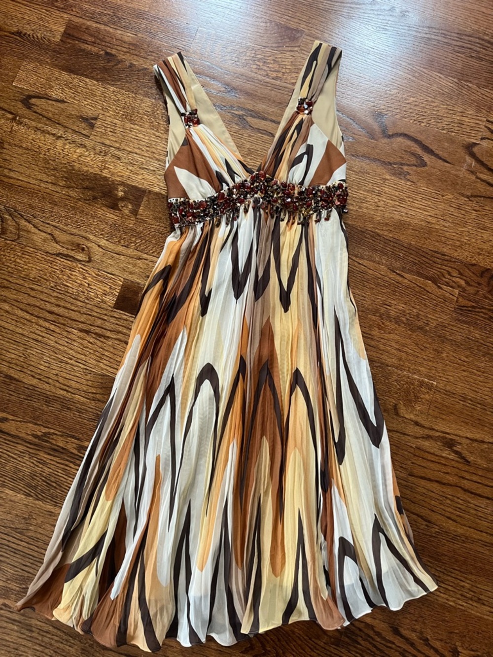 BCBG Maxazaria beaded silk empire waist summer dress with an abstract print